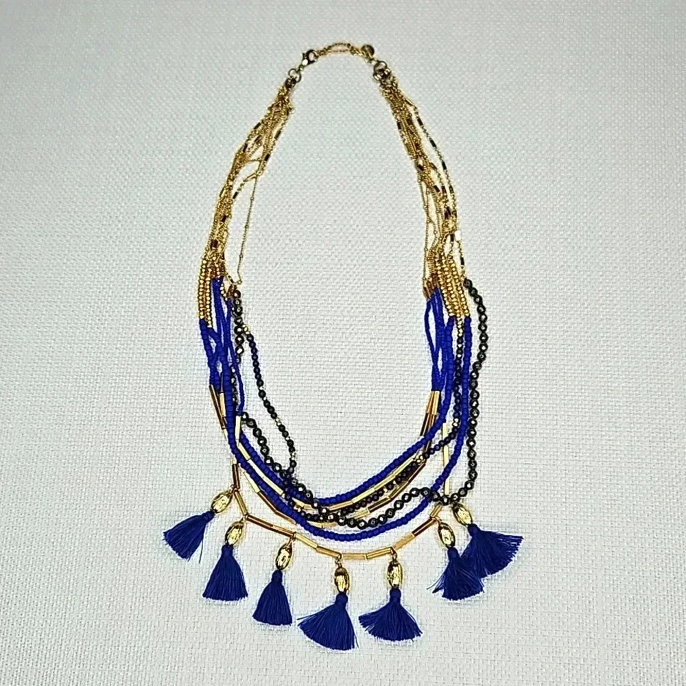 Retired Vintage Stella & Dot Tulum Tassel Necklace Gold Blue Beaded Versatile - Picture 2 of 16